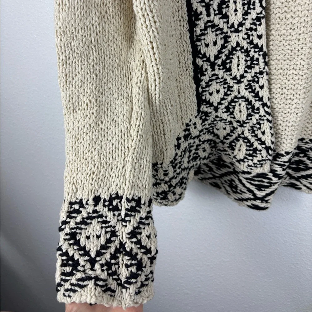 Lucky Brand Novelty Stitch Cardigan Small Cream Black Cable Knit Open Sweater - Picture 7 of 10
